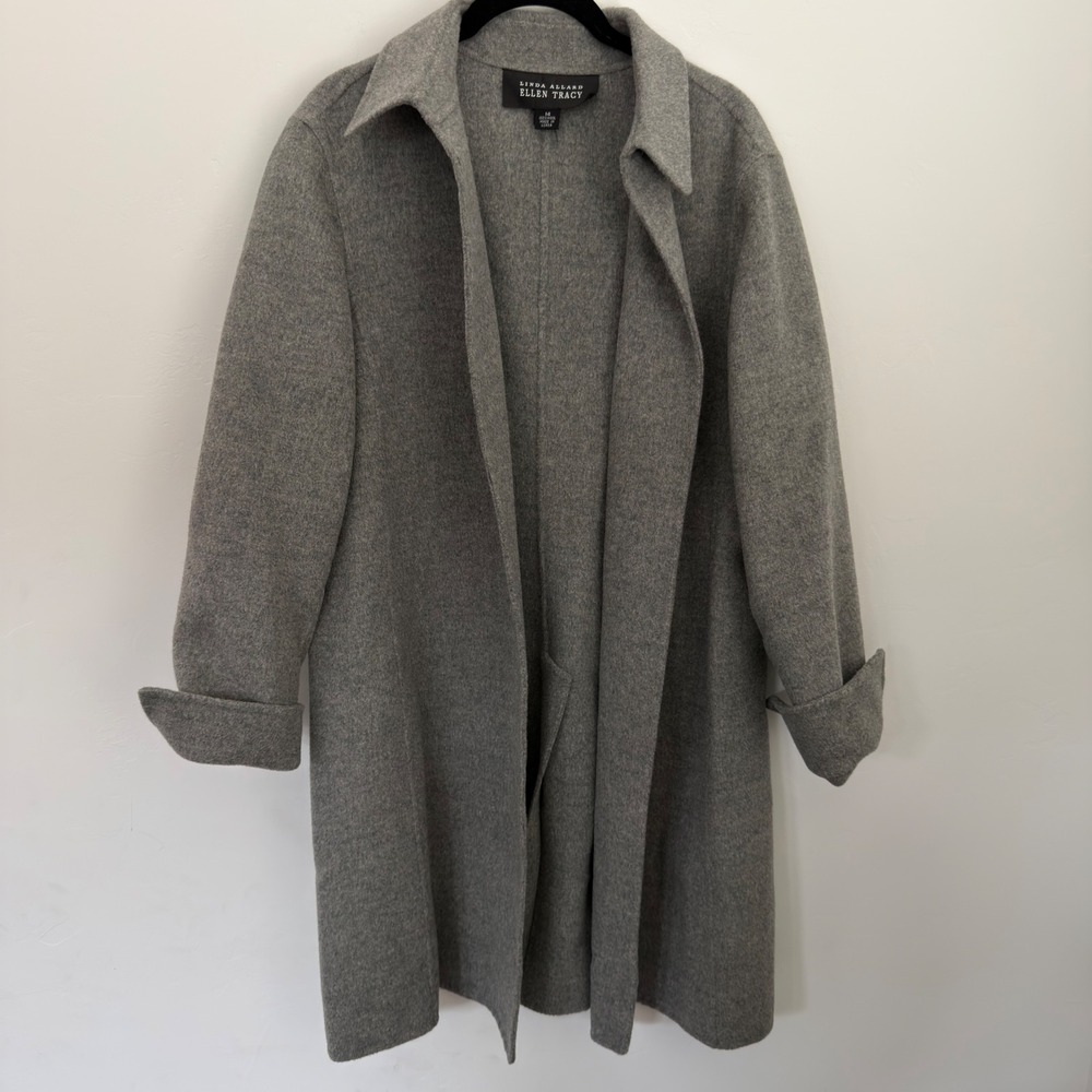 Linda Allard Ellen Tracy Gray 100% Wool Open Front Mid-Length Coat Womens 14